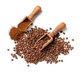 Scoop of coffee beans and ground coffee on white background. Coffee in scoop isolated. Top view of coffee. - 586856010