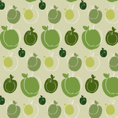 Green apple seamless pattern of different sizes on a light green background. Vector illustration