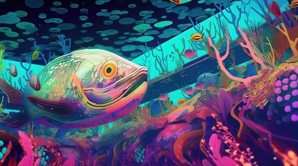 euphoria dreamy aura atmosphere, collage illustration style of big aquarium full of fish and coral, Generative Ai