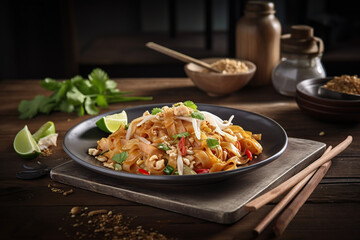 Close up photographic Thailand favorites food Pat Thai in black dish, generative AI