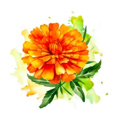 Marigold flower. Watercolor illustration of a tagetes flower on white background. Generative AI.