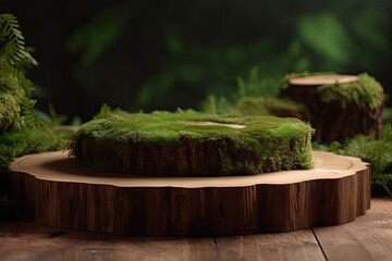 rustic wooden table with a cake covered in moss and berries. Generative AI