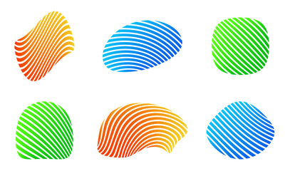 Abstract organic shape set with wavy stripes. Modern geometric fluid or liquid forms. Gradient curvy line shapes. Vector illustration. 