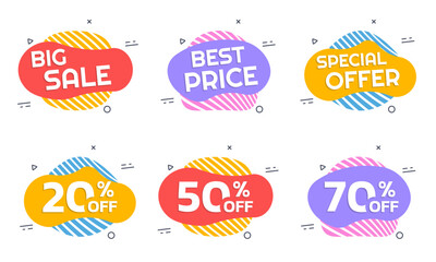 Sale badge, sticker or label set. Special offer, Best price liquid shape design. 20, 50, 70 percent price off. Discount, promotion colorful banner templates. Vector illustration. 