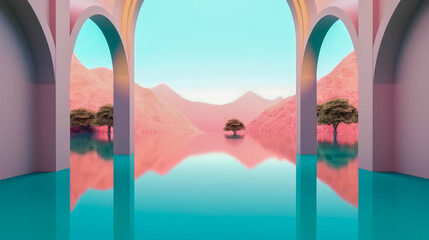 Simple geometric arches landscape. Minimal zen aesthetic wallpaper.Generative AI