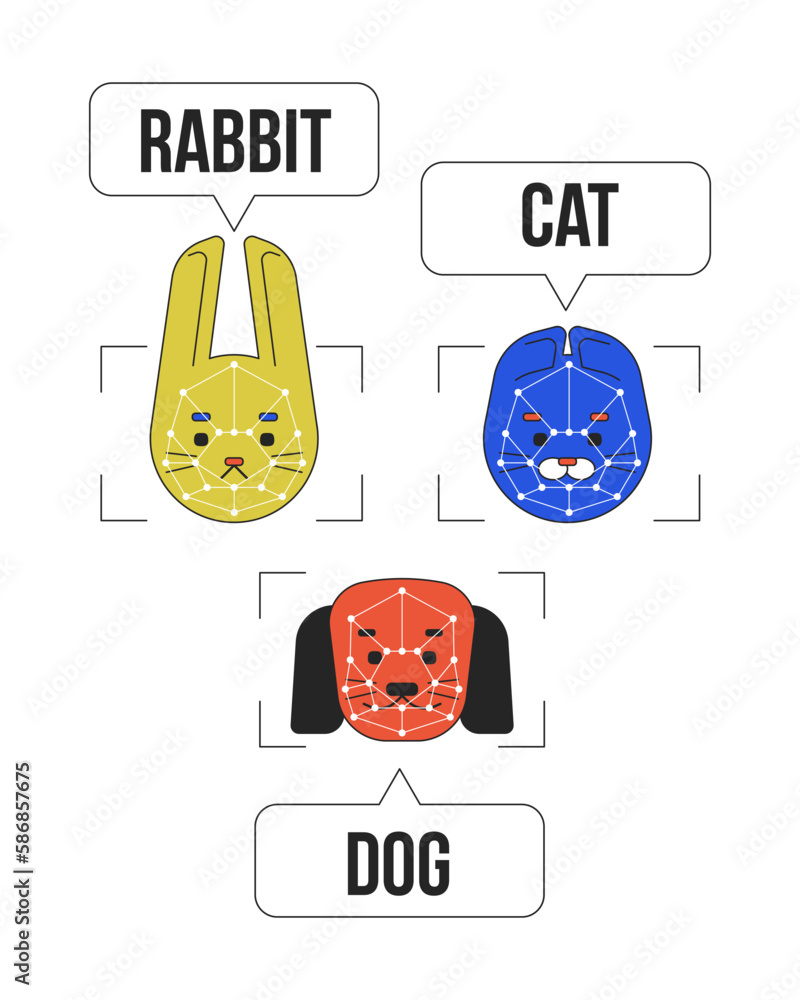 Poster ai image recognition line concept vector spot illustration. editable 2d flat colour cartoon animals 