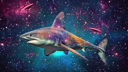 Obraz na płótnie Canvas euphoria dreamy aura atmosphere, collage illustration style of scary shark swimming among stars, Generative Ai