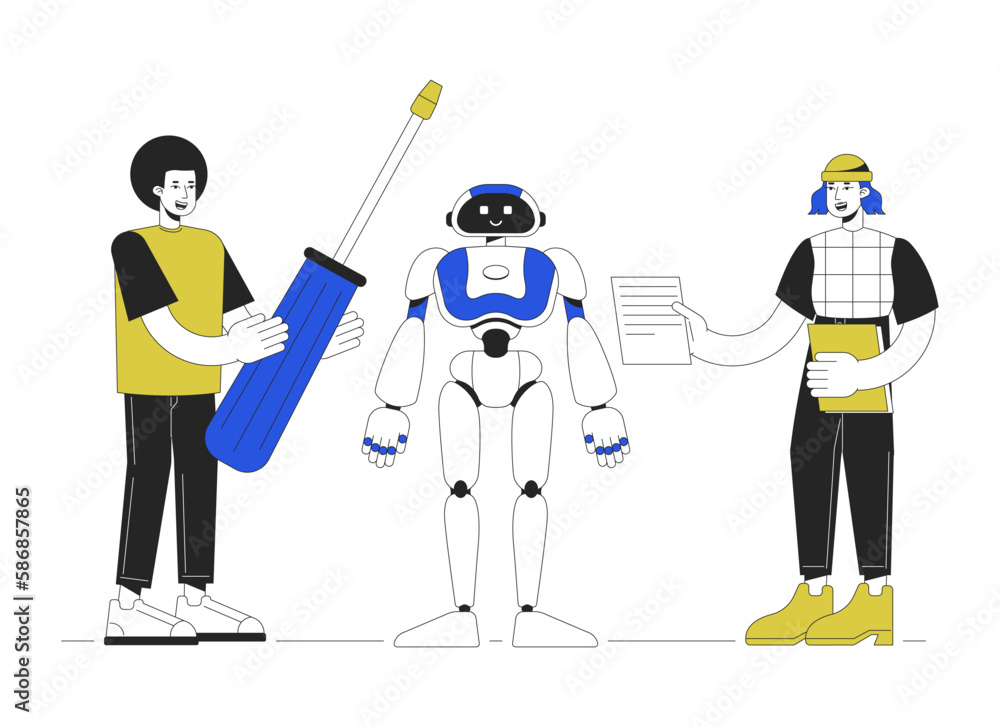 Poster building humanoid robot line concept vector spot illustration. editable 2d flat colour cartoon chara