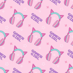 Headphones with cat ears for gamer girl on pink background. Vector seamless pattern in kawaii style © Vetriya