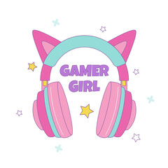Colorful design for gamer girl, pink headphones with cat ears, stars and lettering. Cute vector illustration in kawaii style © Vetriya