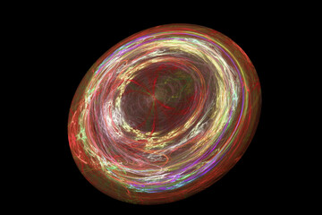 Multicolored round pattern of crooked waves on a black background. Abstract fractal 3D rendering