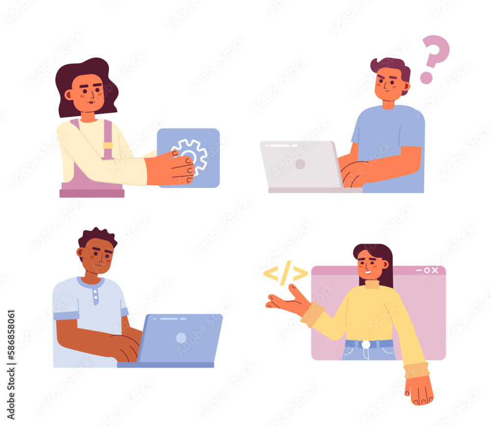 Poster programmers working in it industry semi flat color vector characters set. editable figures. full bod