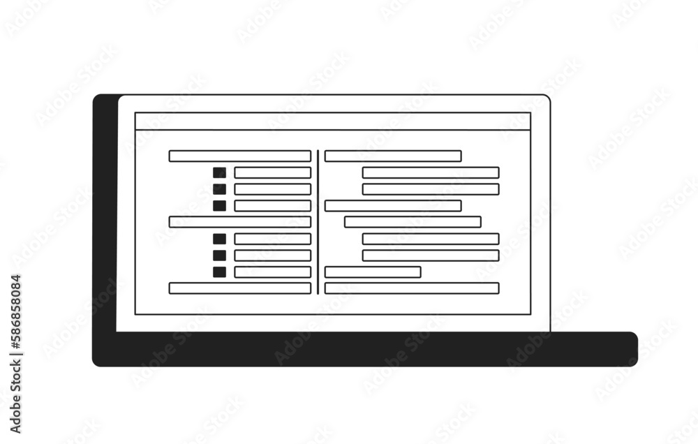 Poster laptop with horizontal bar charts monochrome flat vector object. editable black and white icon. full