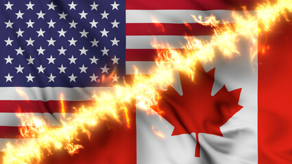 Illustration of a waving flag of Canada and the United States separated by a line of fire. Crossed flags: depiction of strained relations, conflicts and rivalry between the two countries.