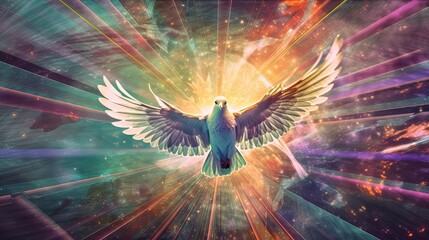 euphoria dreamy aura atmosphere, collage illustration style of a dove fly among starburst light, holy spirit, Generative Ai