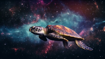 Fototapeta na wymiar euphoria dreamy aura atmosphere, collage illustration style of sea turtle swimming among the stars, Generative Ai