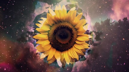 euphoria dreamy aura atmosphere, collage illustration style of a big blossom sunflower, Generative Ai