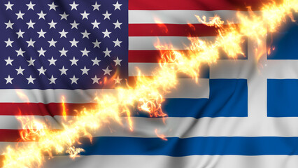 Illustration of a waving flag of Greece and the United States separated by a line of fire. Crossed flags: depiction of strained relations, conflicts and rivalry between the two countries.