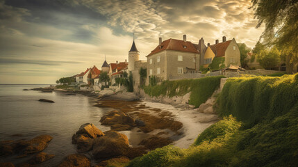 Fototapeta na wymiar city Visby, Gotland. Beautiful Scandinavian scenery of Sweden. Generative AI