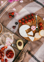 Picnic on nature. Young woman having picnic with champagne