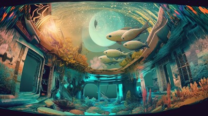 euphoria dreamy aura atmosphere, collage illustration style underwater aquarium scenic, Generative Ai
