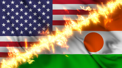 Illustration of a waving flag of Niger and the United States separated by a line of fire. Crossed flags: depiction of strained relations, conflicts and rivalry between the two countries. - obrazy, fototapety, plakaty