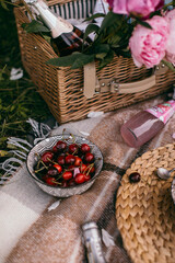 Picnic on nature. Young woman having picnic with champagne