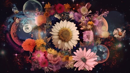 Fototapeta na wymiar euphoria dreamy aura atmosphere, collage illustration style of spring flower blossom, Generative Ai