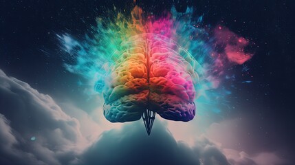 euphoria dreamy aura atmosphere, collage illustration style of human brain with gradient color idea for creativity and happiness, Generative Ai