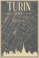 Colorful hand-drawn framed poster of the downtown TURIN, ITALY with highlighted vintage city skyline and lettering