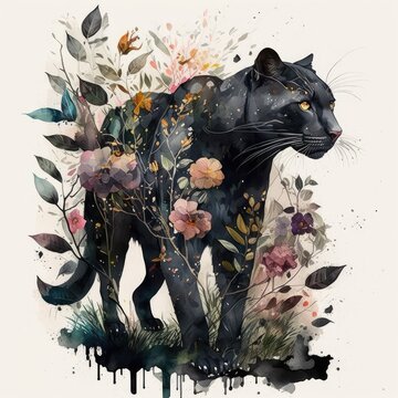 A Watercolor sleek black panther Generative Ai