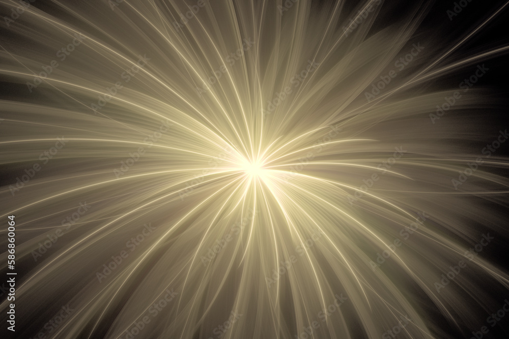 Poster yellow glowing pattern of crooked rays from the center on a black background. abstract fractal 3d re