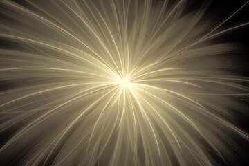 Yellow glowing pattern of crooked rays from the center on a black background. Abstract fractal 3D rendering
