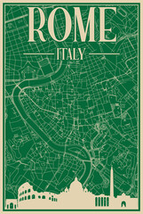 Colorful hand-drawn framed poster of the downtown ROME, ITALY with highlighted vintage city skyline and lettering
