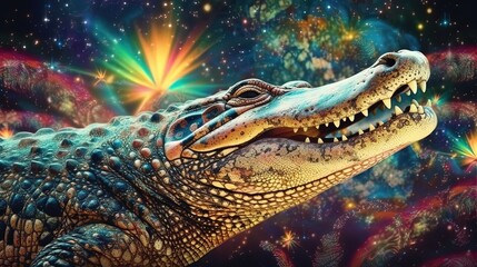 euphoria dreamy aura atmosphere, collage illustration style of a happy crocodile in galaxy sky, Generative Ai