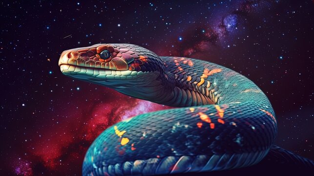 euphoria dreamy aura atmosphere, collage illustration style a snake with galaxy background, Generative Ai