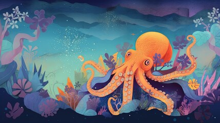 collage illustration style of an octopus with gradient colorful underwater world, Generative Ai