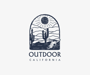 Outdoor badge with desert and bull head skull logo design