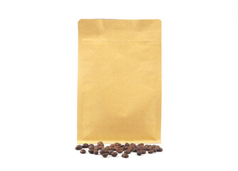 Brown craft paper bag packaging with zipper and pile of seeds for roasted coffee beans template...