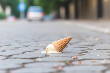 Melting ice cream cone drop upside down on the street in summer day. Selective focus, Soft focus