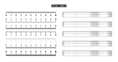 Realistic metal rulers with black centimeter scale for measuring length or height. Various measurement scales with divisions. Ruler, tape measure marks, size indicators. Vector illustration