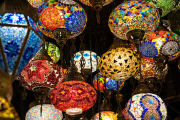 Traditional Ottoman Mosaic Lamps in the Grand Bazaar Photo, Eminönü Fatih, Istanbul Turkiye