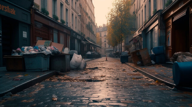 Illustration of garbage on streets of city, created with Generative AI Technology