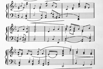 Sheet music. Melody written with different musical symbols as background, top view