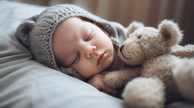 Adorable and cute sleeping baby in knitted hat and soft toy teddy bear near by. Portrait of child having day nap. Cozy bedroom indoor interior. AI generative image.