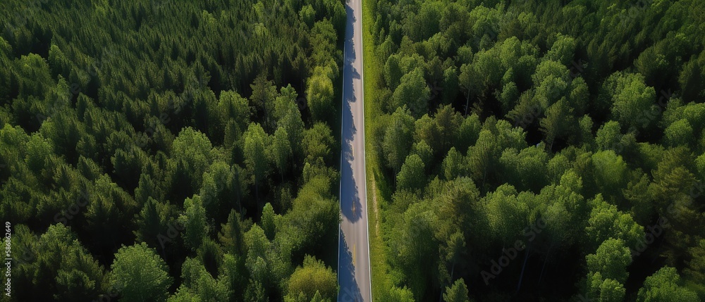 Poster bird's-eye view of the road in the middle of the forest.aerial view. panoramic shot. generative ai