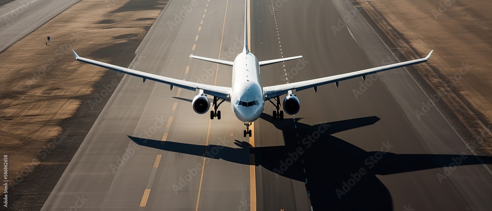 Poster view of the airport with a plane on the runway.aerial view. panoramic shot. generative ai