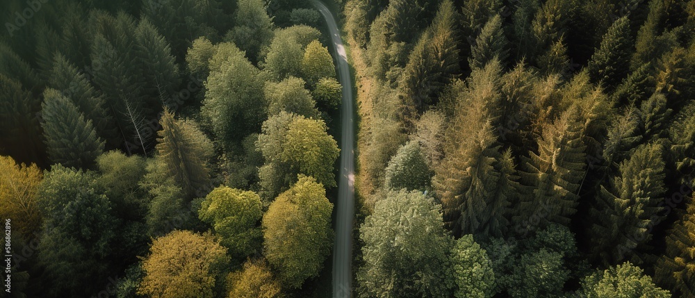 Poster bird's-eye view of the road in the middle of the forest.aerial view. panoramic shot. generative ai