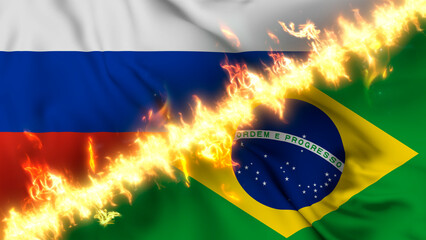 Illustration of a waving flag of russia and Brazil separated by a line of fire. Crossed flags: depiction of strained relations, conflicts and rivalry between the two countries.