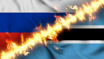 Illustration of a waving flag of russia and Botswana separated by a line of fire. Crossed flags: depiction of strained relations, conflicts and rivalry between the two countries.